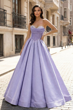 A - Line Beaded Sweetheart Royal Blue Satin Prom Dress - KissProm