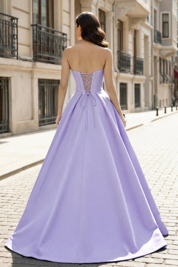 A - Line Beaded Sweetheart Royal Blue Satin Prom Dress - KissProm