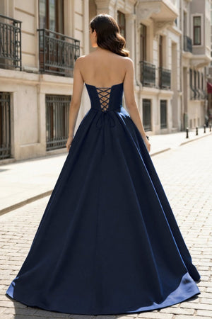 A - Line Beaded Sweetheart Royal Blue Satin Prom Dress - KissProm