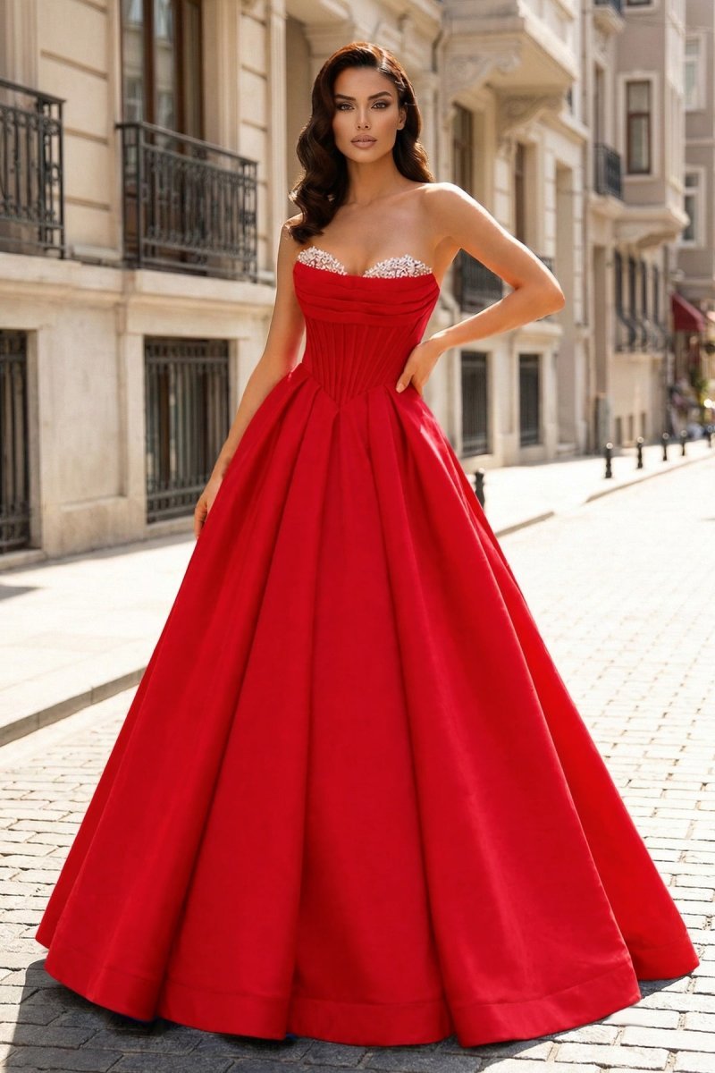 KissProm A-Line Beaded Sweetheart Royal Blue Satin Prom Dress, Burgundy / 18