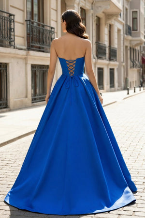 A - Line Beaded Sweetheart Royal Blue Satin Prom Dress - KissProm