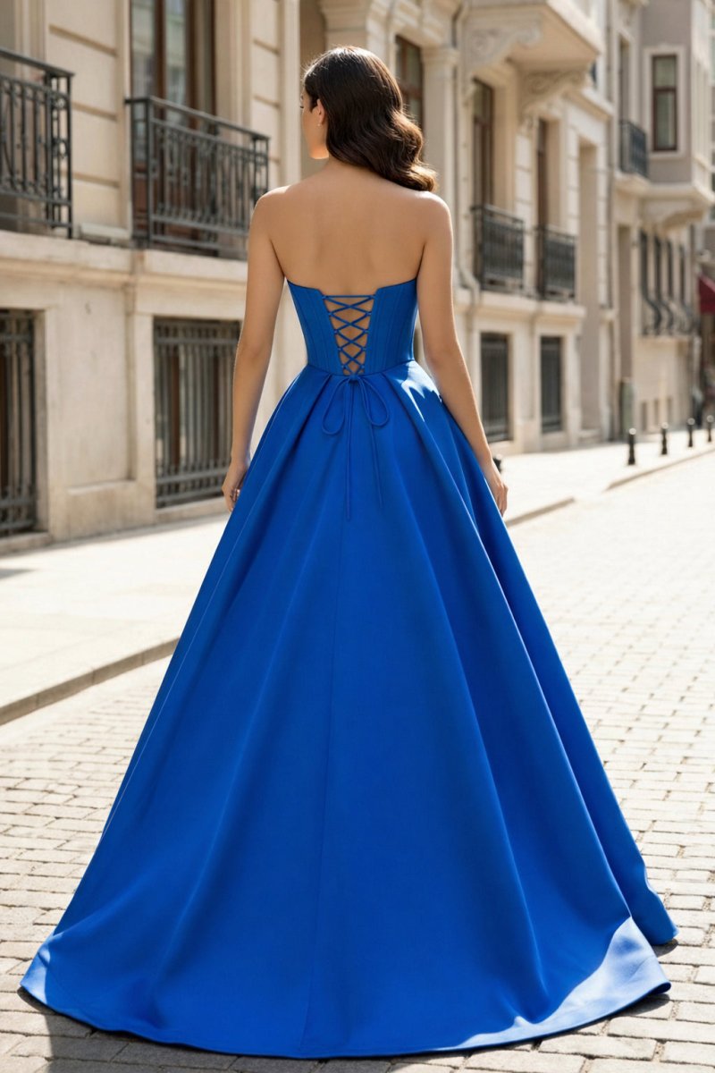 A-Line Beaded Sweetheart Royal Blue Satin Prom Dress Royal Blue / 2