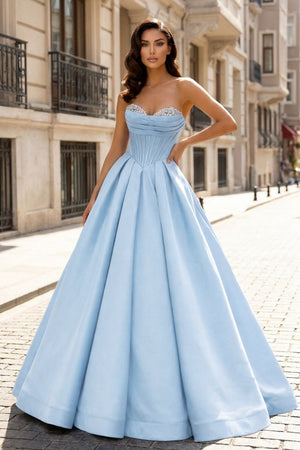 A - Line Beaded Sweetheart Royal Blue Satin Prom Dress - KissProm