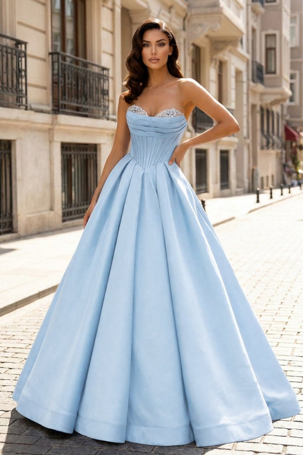 A - Line Beaded Sweetheart Royal Blue Satin Prom Dress - KissProm