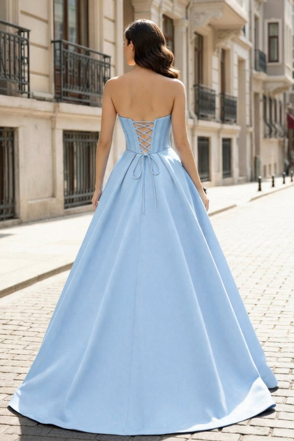 A-Line Beaded Sweetheart Royal Blue Satin Prom Dress