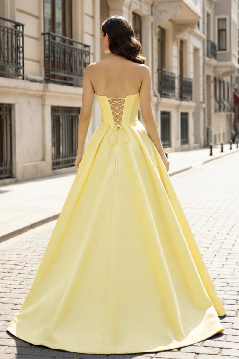 KissProm A-Line Beaded Sweetheart Royal Blue Satin Prom Dress, Yellow / 2