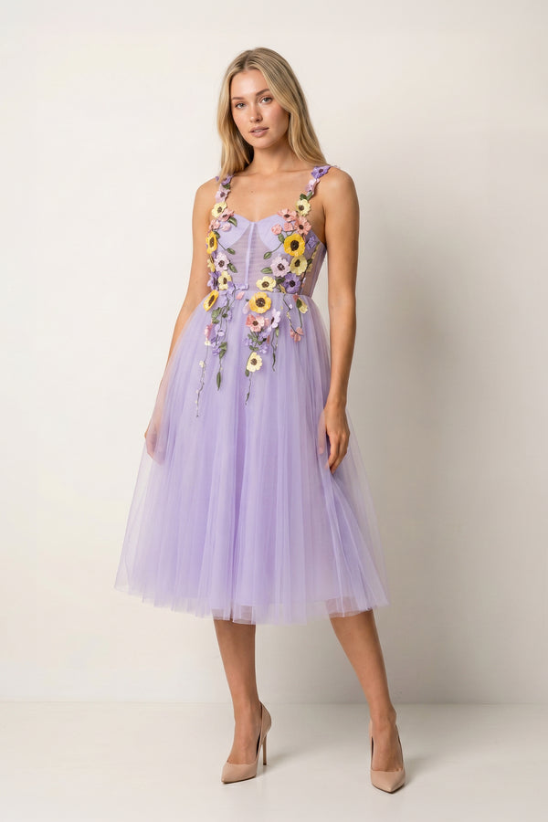 3D Flower Tulle Tea Length Prom Dresses