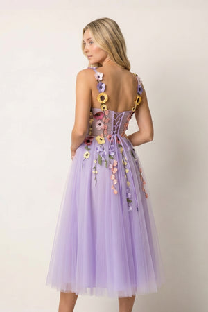 3D Flower Tulle Tea Length Prom Dresses