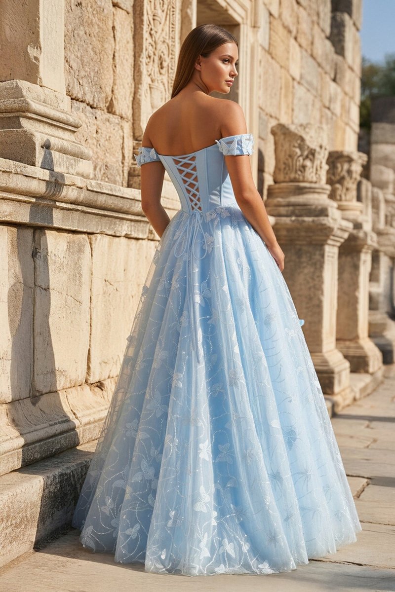 blue atlas prom dresses A Line Floor Length Tulle Prom Dresses Lace Appliques