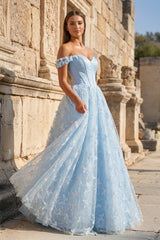 A Line Off the Shoulder Satin Lace Prom Dress - KissProm