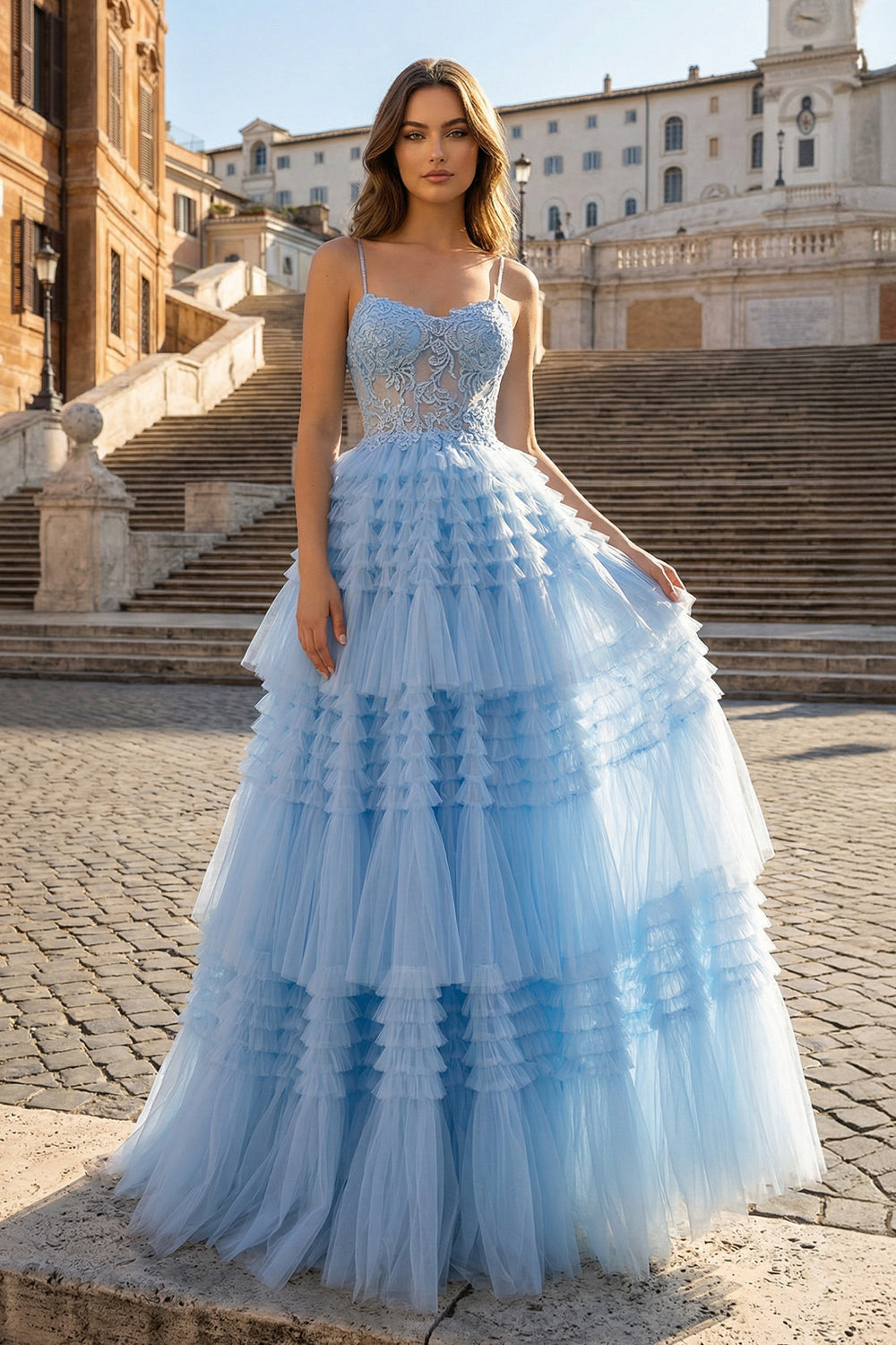 KissProm-Sky Blue A-Line Spaghetti Straps Tulle Long Prom Dress