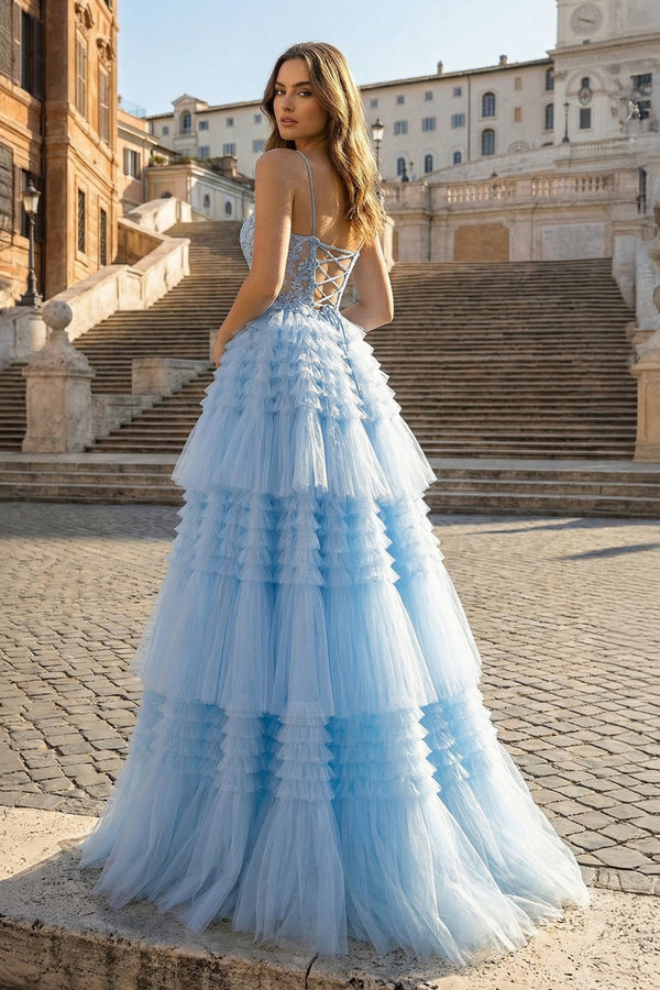 KissProm-Sky Blue A-Line Spaghetti Straps Tulle Long Prom Dress