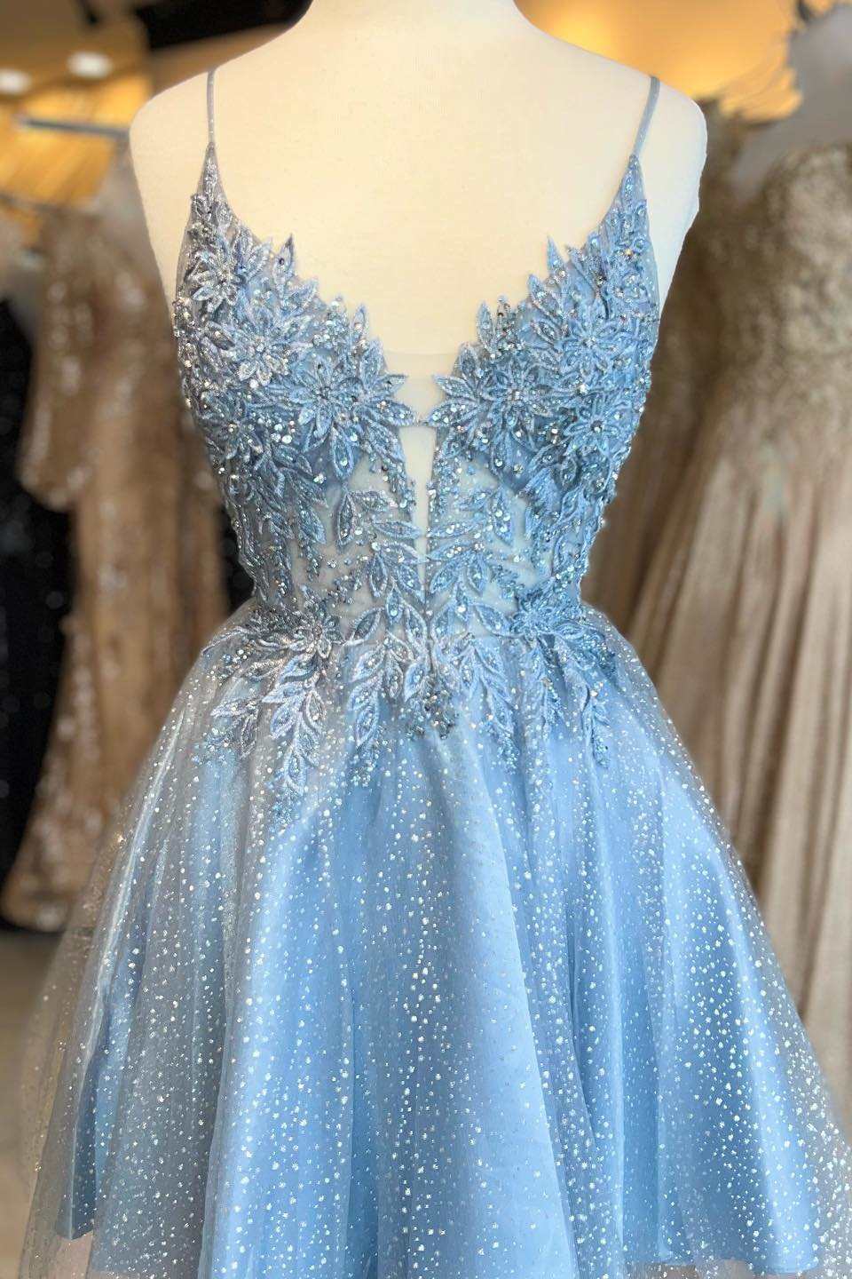 light blue short cocktail dress Long Sweetheart Prom Dress with Gloves main image 1