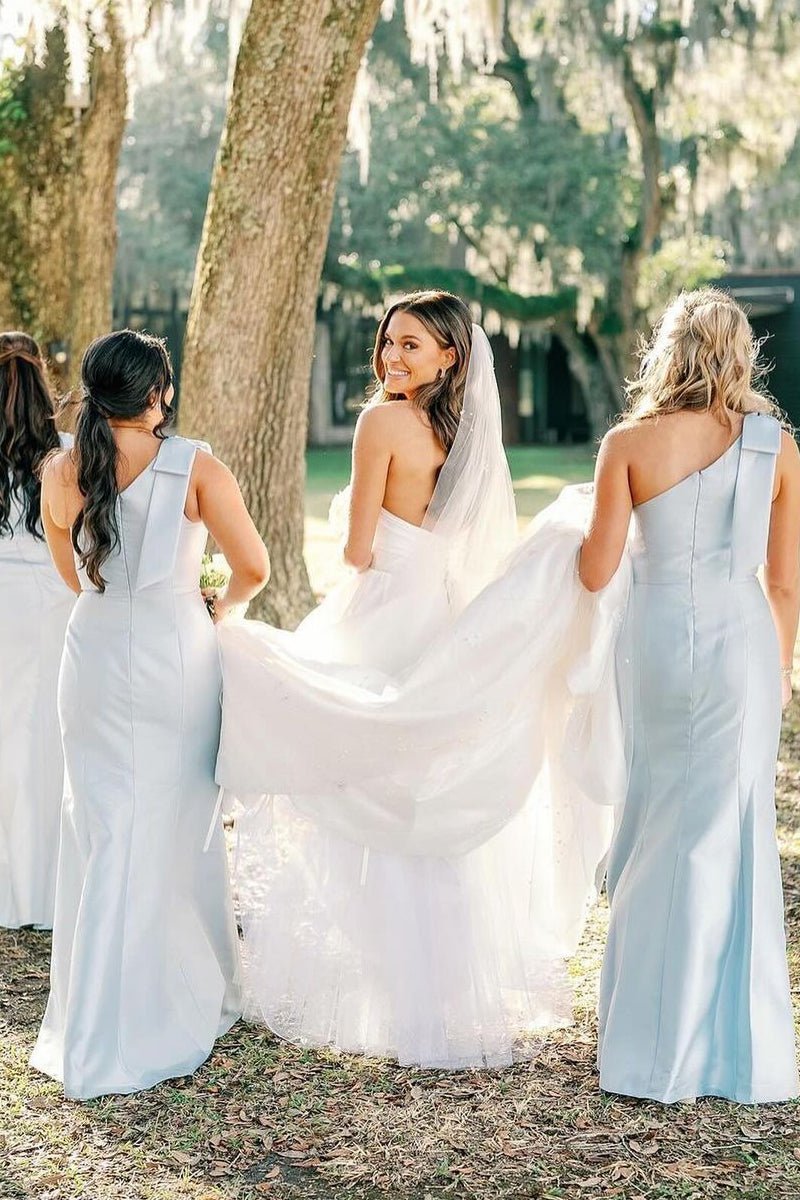 One Shoulder Stretch Matte Satin Sheath Long Bridesmaid Dresses One Shoulder Stretch Matte Satin Sheath Long Bridesmaid Dresses