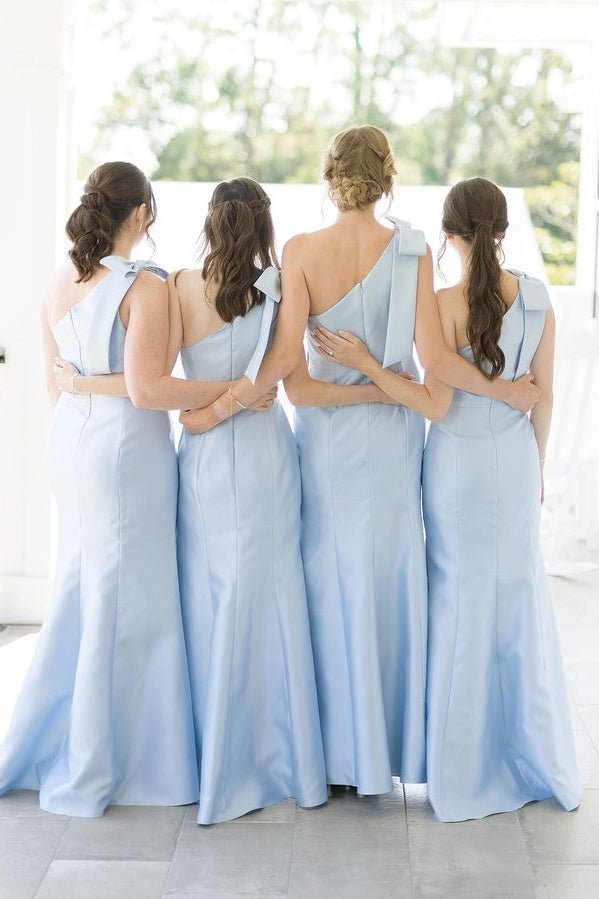 Light Blue One Shoulder Satin Sheath Long Bridesmaid Dresses – KissProm