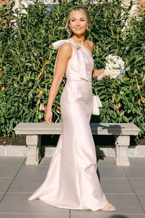 Light Blue One Shoulder Satin Sheath Long Bridesmaid Dresses