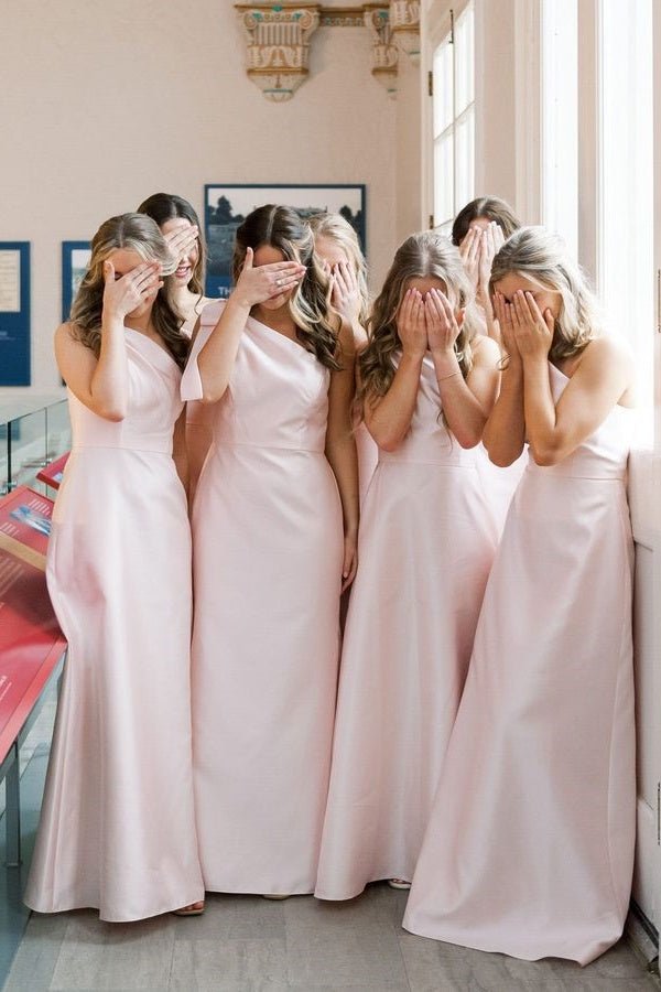 KissProm Light Blue One Shoulder Satin Sheath Long Bridesmaid Dresses, Pink / 8