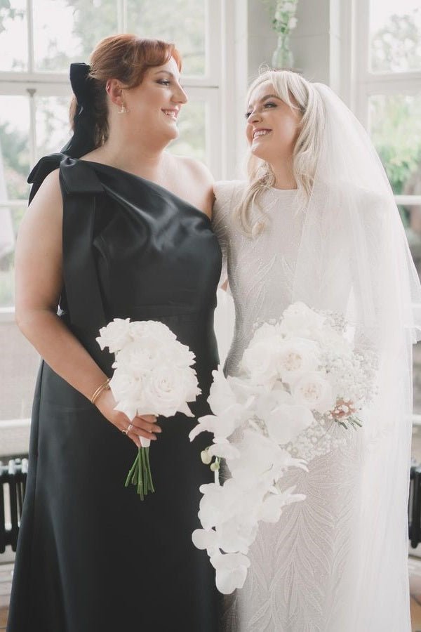 Light Blue One Shoulder Satin Sheath Long Bridesmaid Dresses