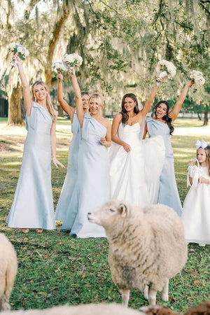 Light Blue One Shoulder Satin Sheath Long Bridesmaid Dresses, Sky Blue / 6 Light Blue One Shoulder Satin Sheath Long Bridesmaid Dresses, Sky Blue / 6