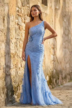 Mermaid One Shoulder Lace Long Prom Dress with Slit - KissProm