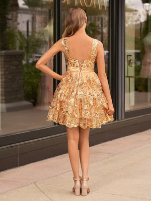 Oceane | Light Blue Rosette Sequin Baby Doll Short Party Dress