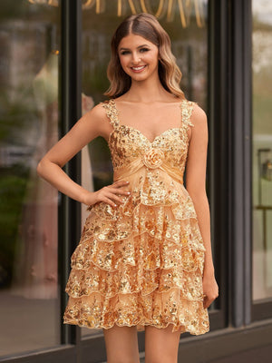 Oceane | Light Blue Rosette Sequin Baby Doll Short Party Dress