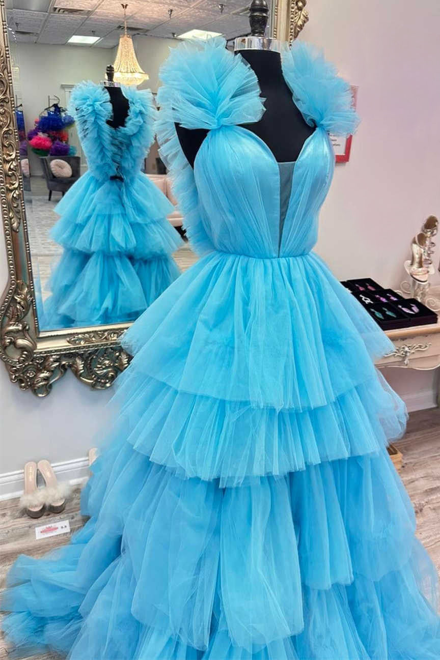 Bernice | Light Blue Ruffle Straps A - Line Tiered Prom Dress - KissProm