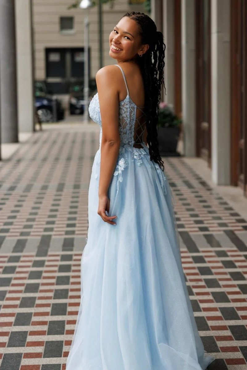 Bertram | A - Line Tulle Blue Long Corset Spaghetti Straps Prom Dress with Appliques - KissProm