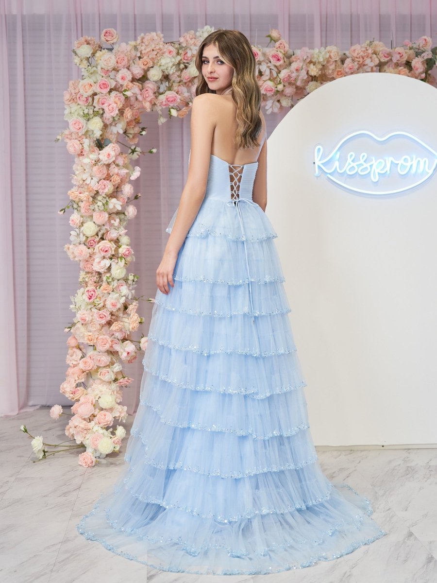 Sky Blue Strapless Layered Tulle Prom Dress with Sequins Red / 10 Sky Blue Strapless Layered Tulle Prom Dress with Sequins Red / 10