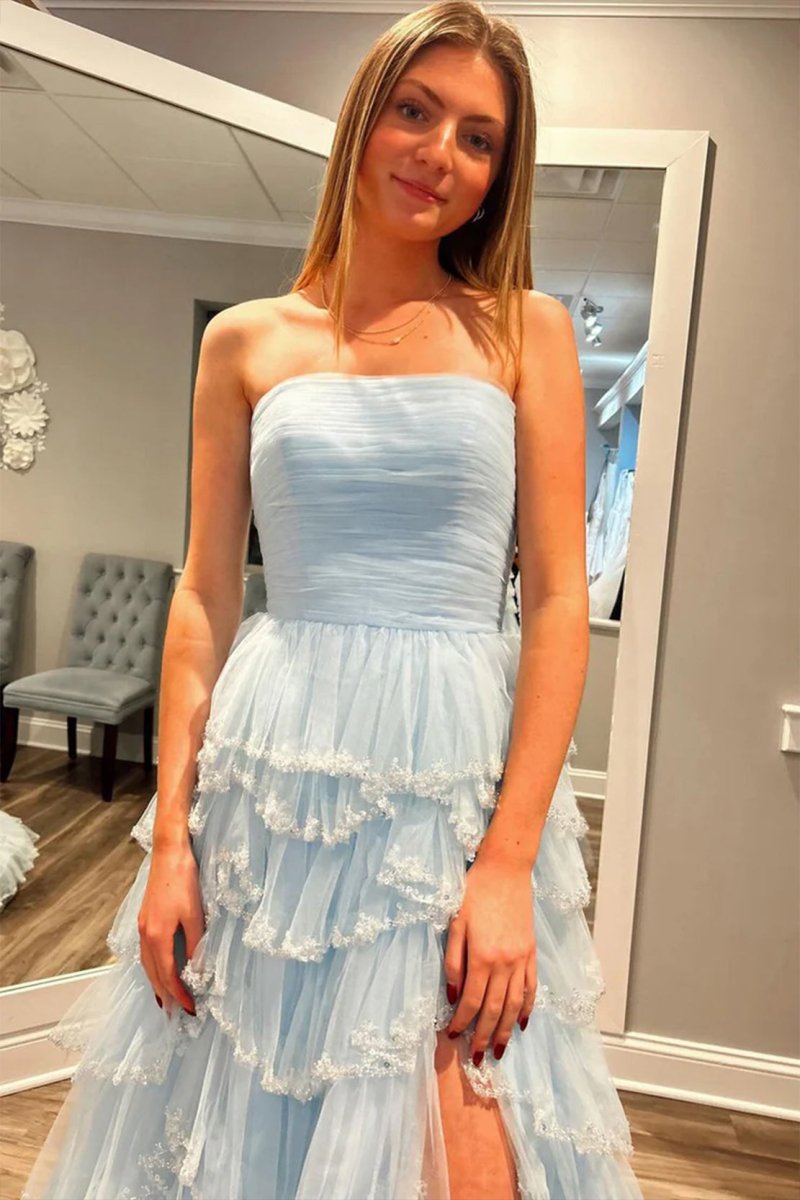 Braelyn | Light Blue Strapless Layered Tulle Prom Dress with Sequins