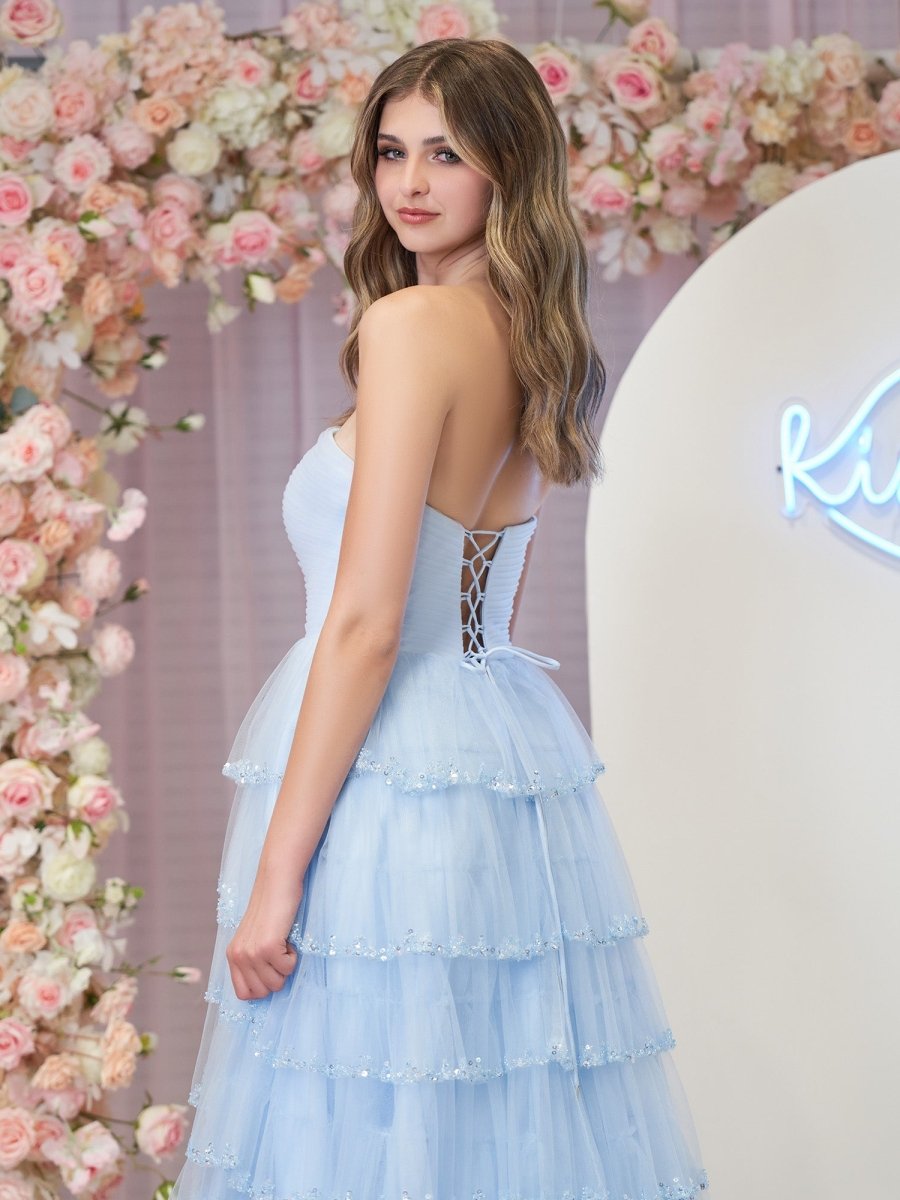 Sky Blue Strapless Layered Tulle Prom Dress with Sequins Red / 10 Sky Blue Strapless Layered Tulle Prom Dress with Sequins Red / 10