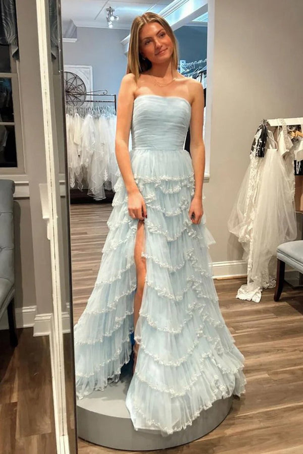 Braelyn | Light Blue Strapless Layered Tulle Prom Dress with Sequins