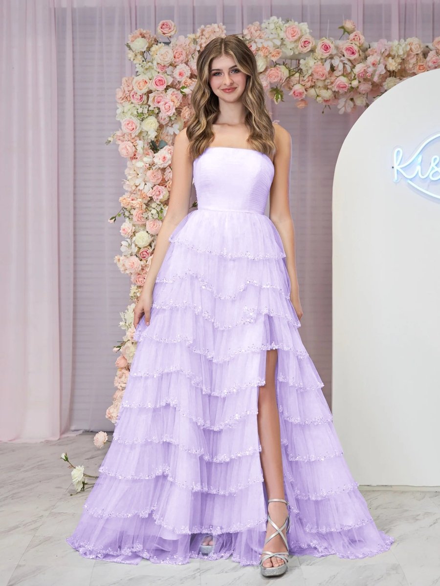 strapless light blue sequin tiered a-line long dress Sky Blue Strapless Layered Tulle Prom Dress with Sequins, Lavender / 4