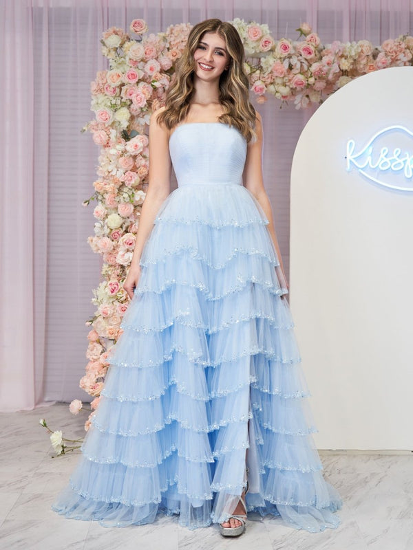 evening dress in pale blue tulle with stole ASHLEYlauren 30118 Sky Blue Tulle Quinceaera Ball Gown