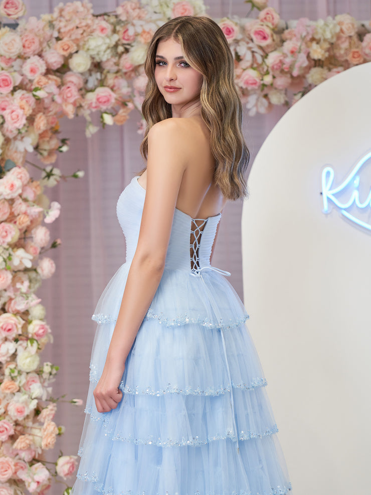 Light Blue Strapless Layers Tulle Party Dress, Light Blue Tulle Long Prom Dress main image 1