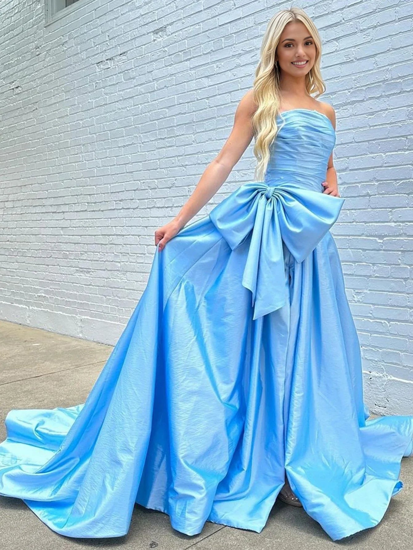 A-line Strapless Taffeta Long Prom Dress With Slit, White / 0 A-line Strapless Taffeta Long Prom Dress With Slit, White / 0