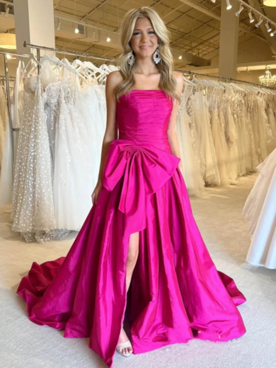 A-line Strapless Taffeta Long Prom Dress With Slit, Fuchsia / 12 A-line Strapless Taffeta Long Prom Dress With Slit, Fuchsia / 12