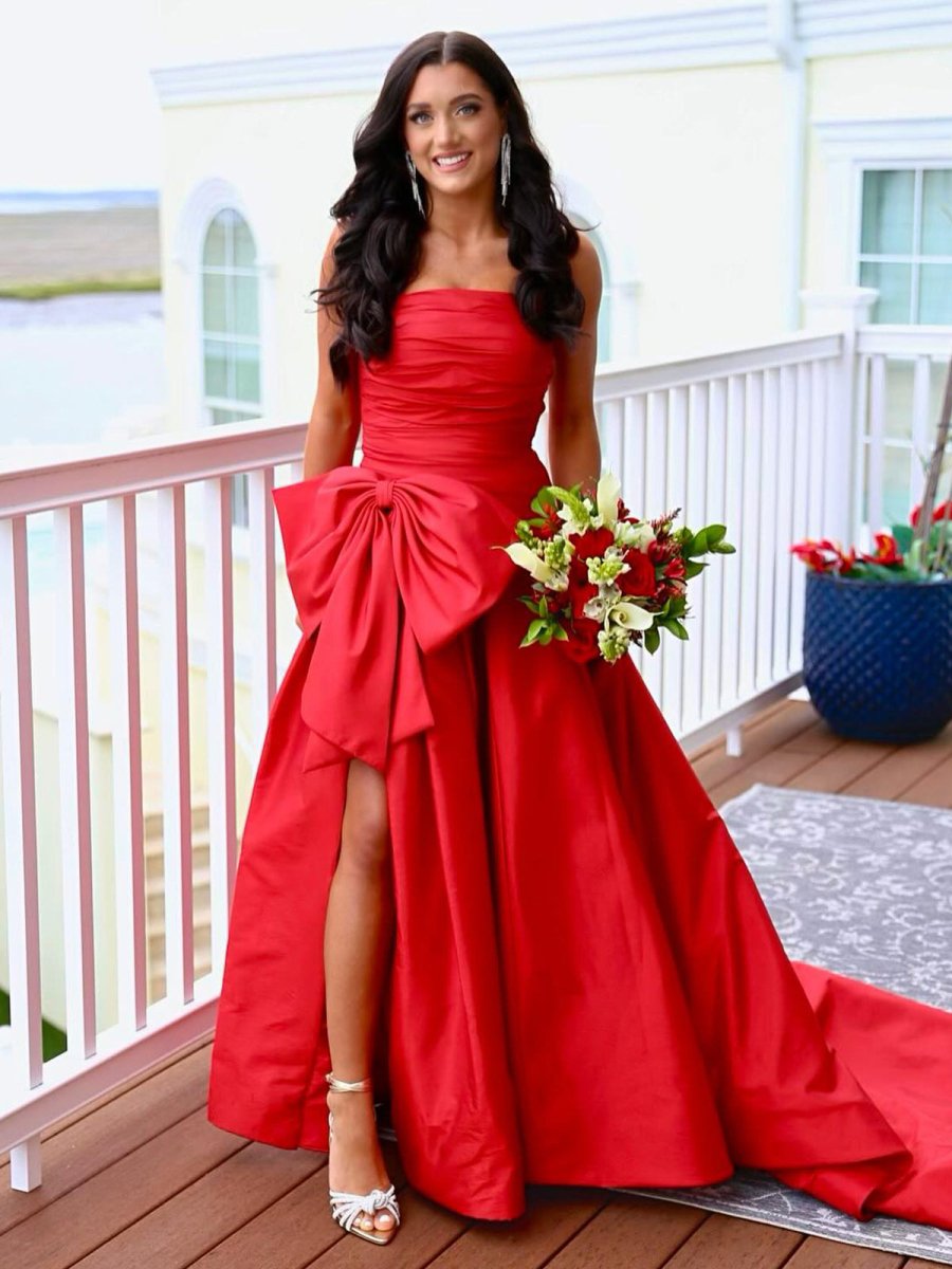 Maisie Sky Blue A-line Strapless Taffeta Long Prom Dress With Slit Maisie Sky Blue A-line Strapless Taffeta Long Prom Dress With Slit