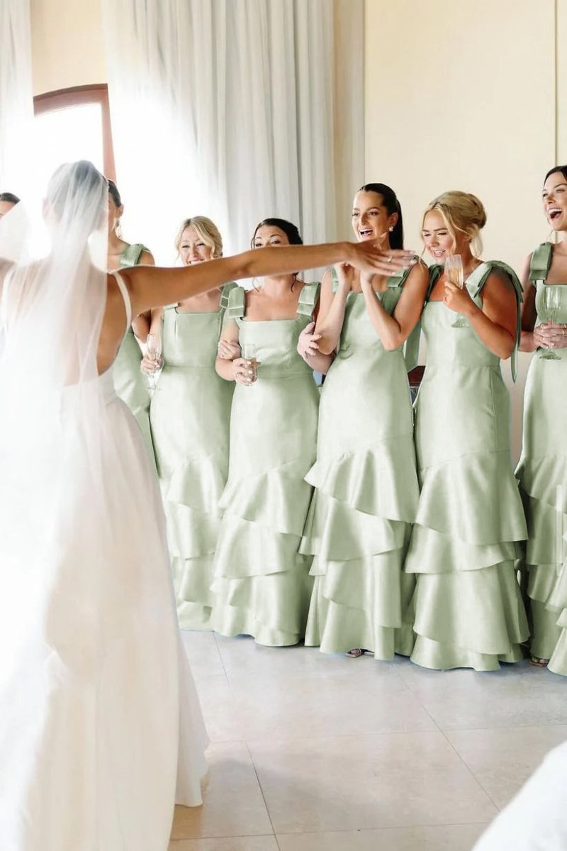 KissProm Light Blue Straps with Bows Mermaid Satin Tiered Long Bridesmaid Dress, Sage Green / 2