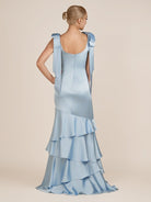 Light Blue Straps with Bows Mermaid Satin Tiered Long Bridesmaid Dress - KissProm