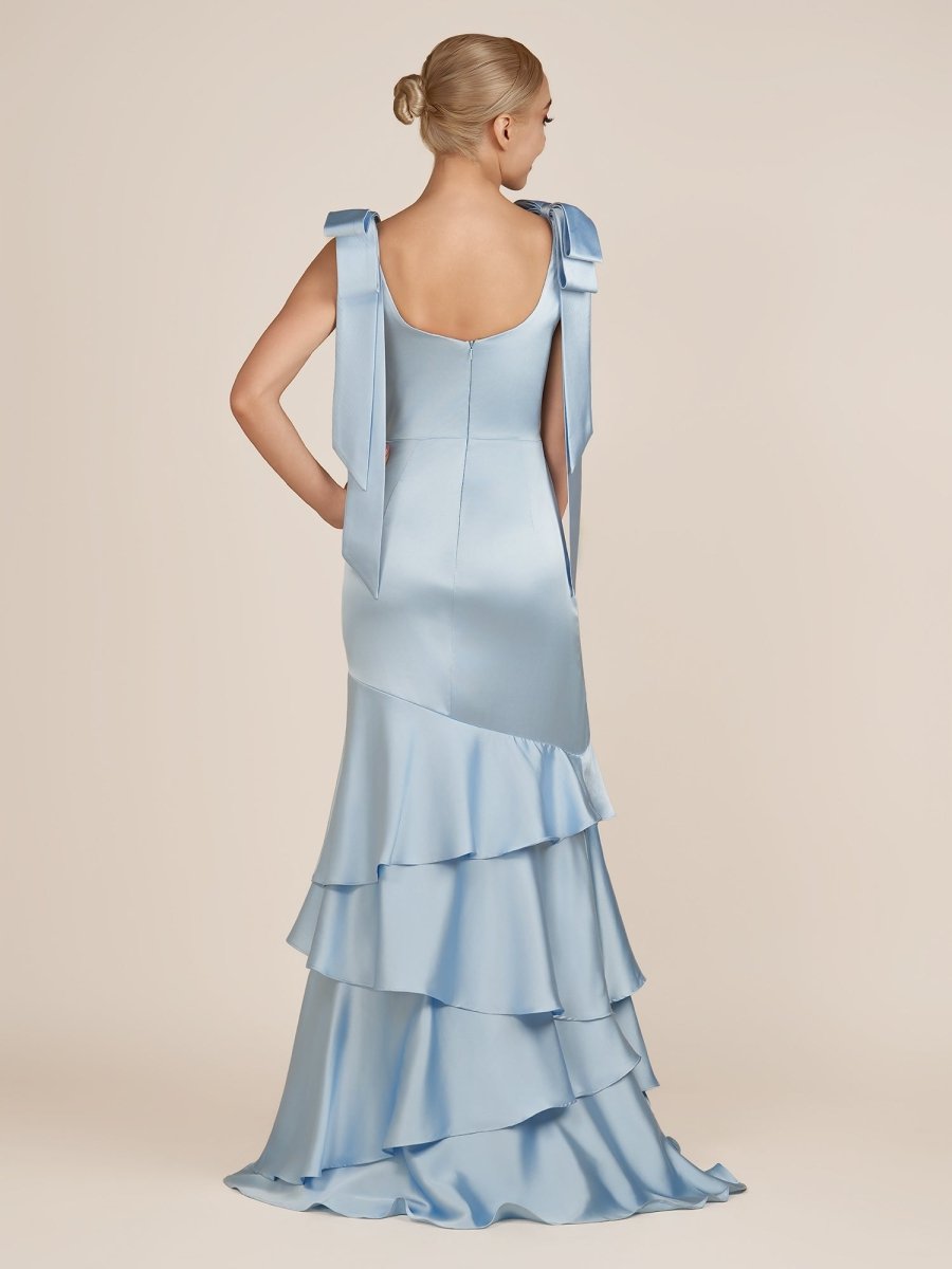 Light Blue Straps with Bows Mermaid Satin Tiered Long Bridesmaid Dress
