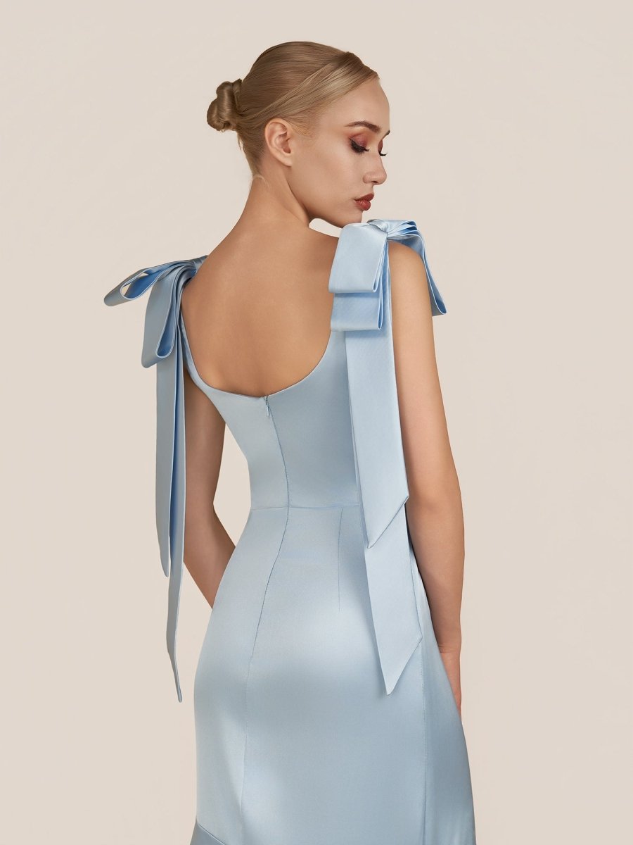 Light Blue Straps with Bows Mermaid Satin Tiered Long Bridesmaid Dress