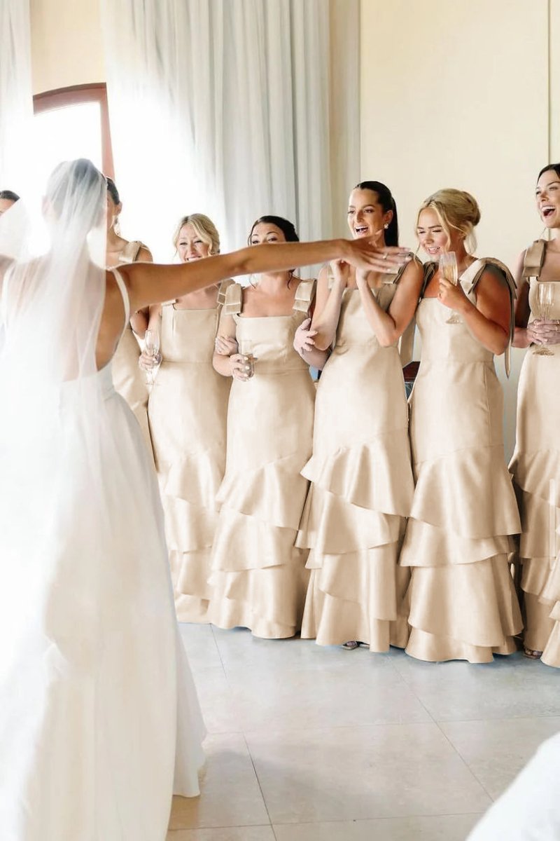 Light Blue Straps with Bows Mermaid Satin Tiered Long Bridesmaid Dress Champagne / 20