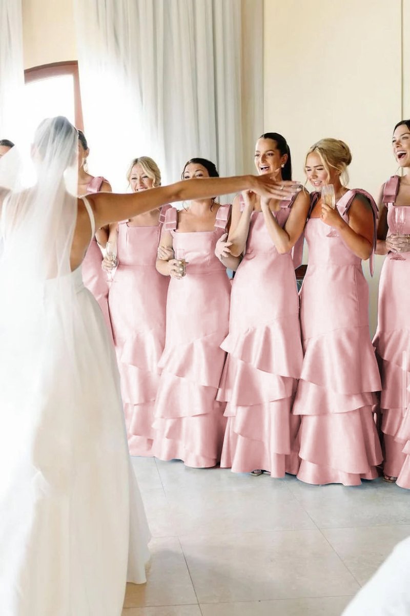 KissProm Light Blue Straps with Bows Mermaid Satin Tiered Long Bridesmaid Dress, Pink / 0