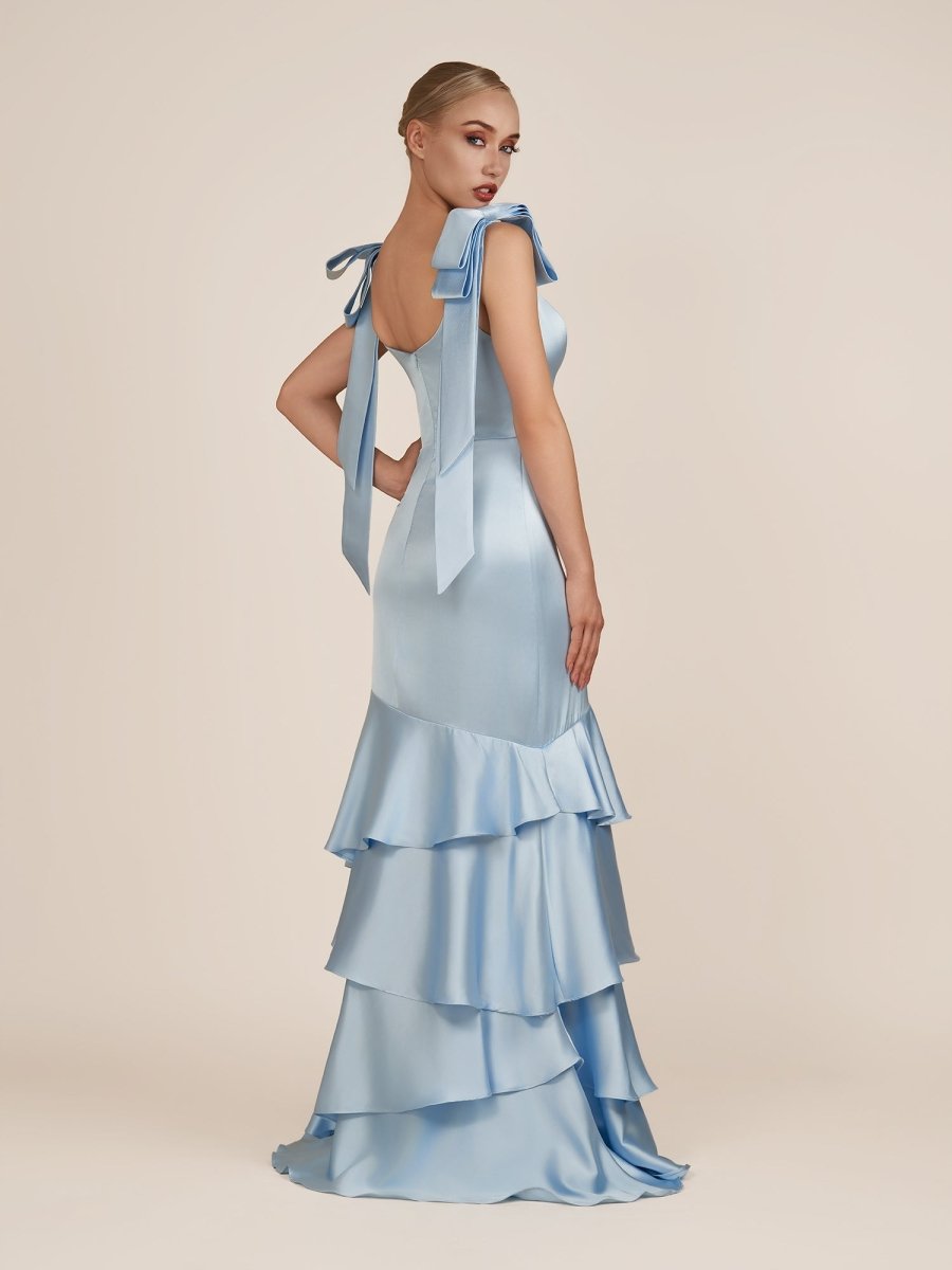 Light Blue Straps with Bows Mermaid Satin Tiered Long Bridesmaid Dress - KissProm