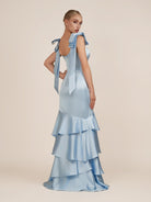 Light Blue Straps with Bows Mermaid Satin Tiered Long Bridesmaid Dress - KissProm