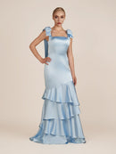 Light Blue Straps with Bows Mermaid Satin Tiered Long Bridesmaid Dress main image 0
