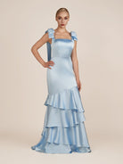 Light Blue Straps with Bows Mermaid Satin Tiered Long Bridesmaid Dress - KissProm