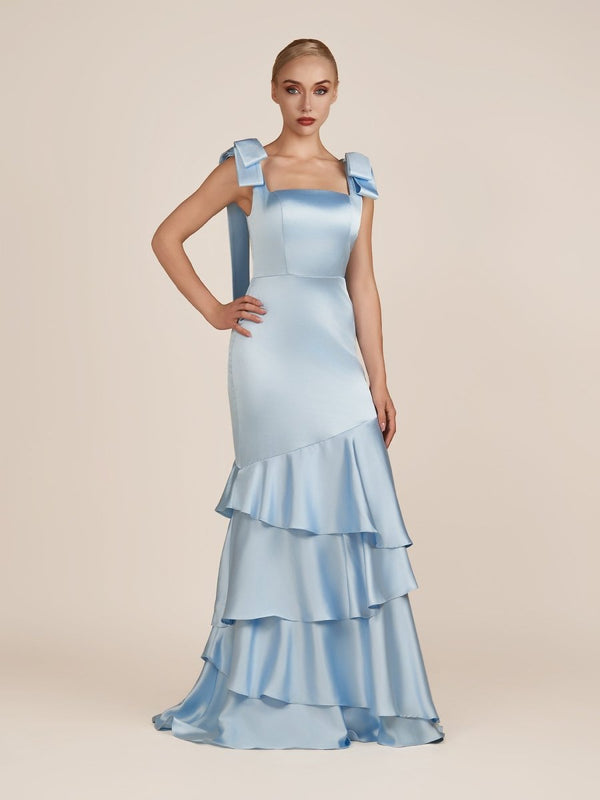 Light Blue Straps with Bows Mermaid Satin Tiered Long Bridesmaid Dress Light Blue Straps with Bows Mermaid Satin Tiered Long Bridesmaid Dress