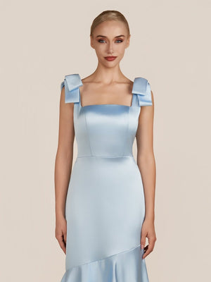 Light Blue Straps with Bows Mermaid Satin Tiered Long Bridesmaid Dress – Bridesmaid Dresses by KissProm | Available at KissProm